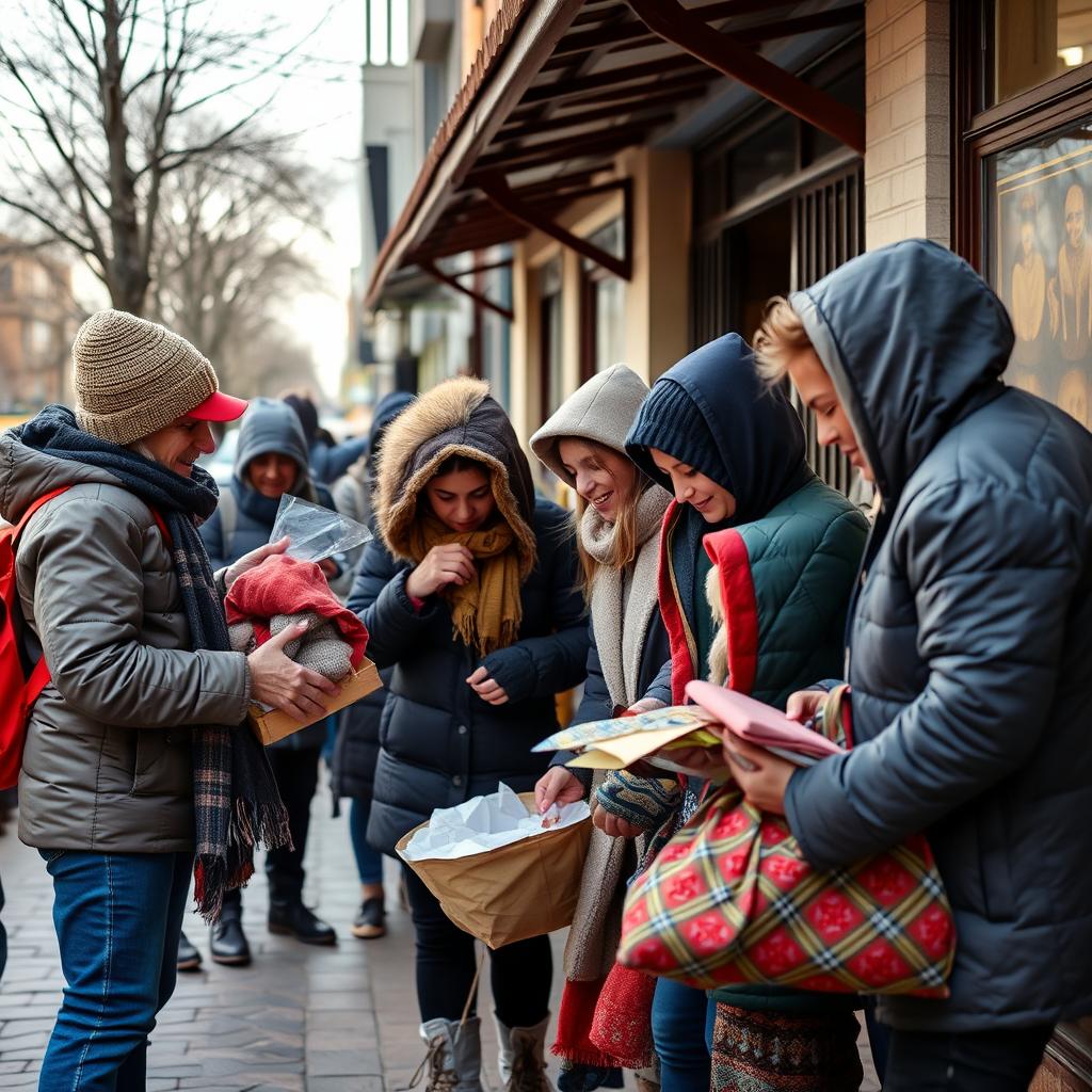 Imagem de pessoas doando roupas e cobertores para ajudar os necessitados durante o inverno.